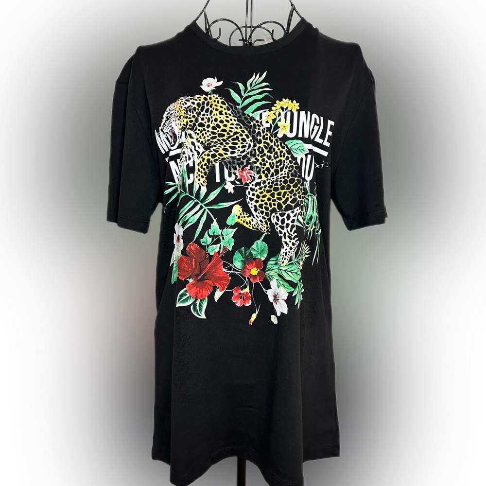 Zara Jungle Leopard Graphic T-Shirt – Size M – NWT – Black Tropical Print Tee